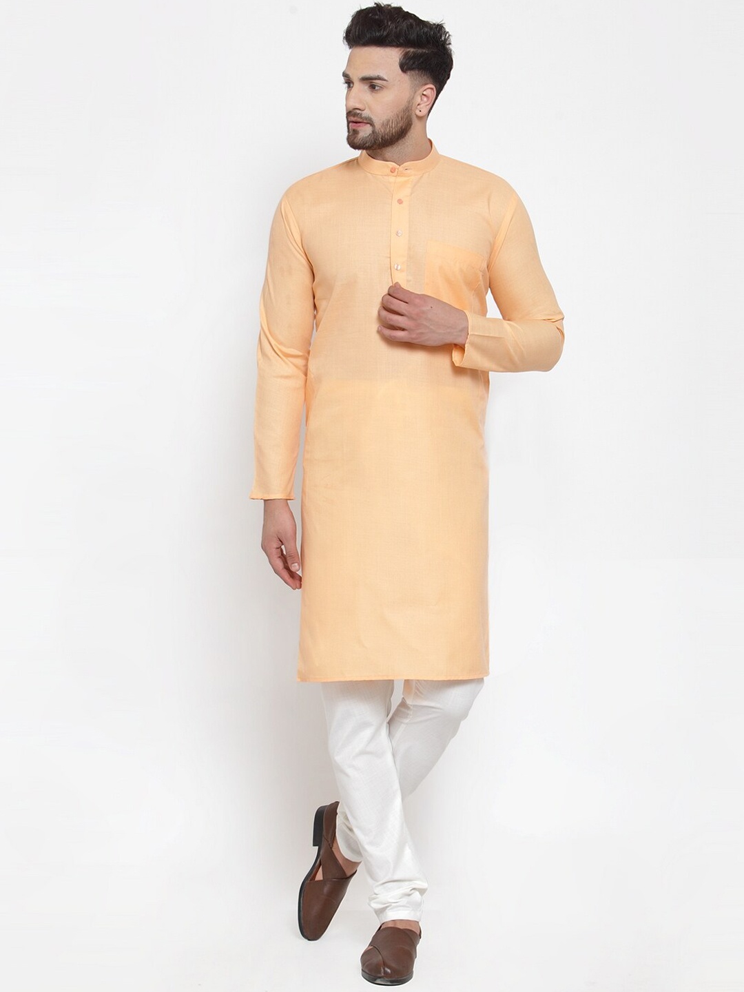 

Jompers Mandarin Collar Straight Kurta with Churidar, Peach