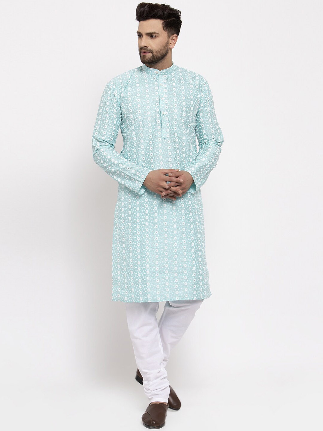 

Jompers Ethnic Motifs Embroidered Mandarin Collar Chikankari Straight Kurta With Churidar, Turquoise blue