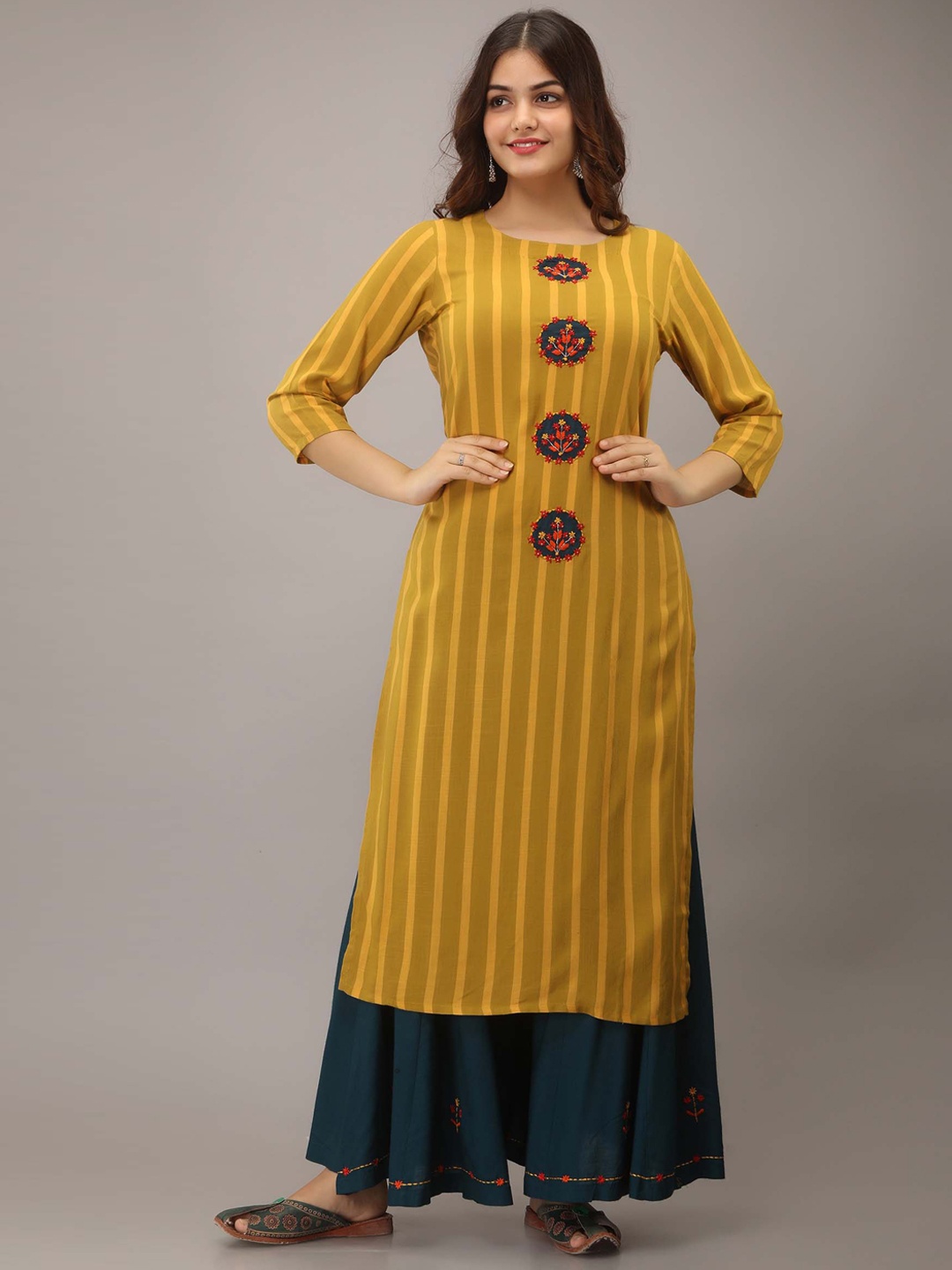 

Spera Striped Kantha Work Kurta with Palazzos, Yellow