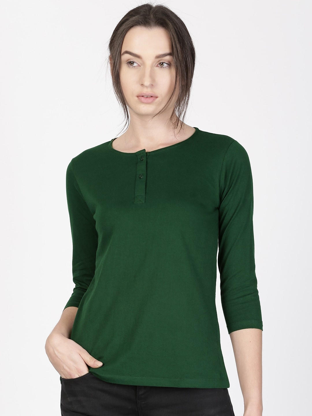 

ether Women Green Solid Henley Neck T-shirt