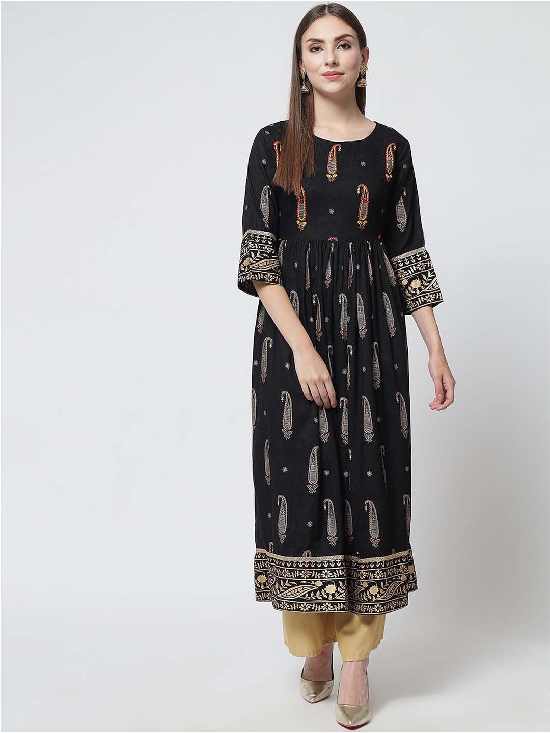 

Spera Paisley Printed Round Neck Three-Quarter Sleeves Empire Kurta, Black