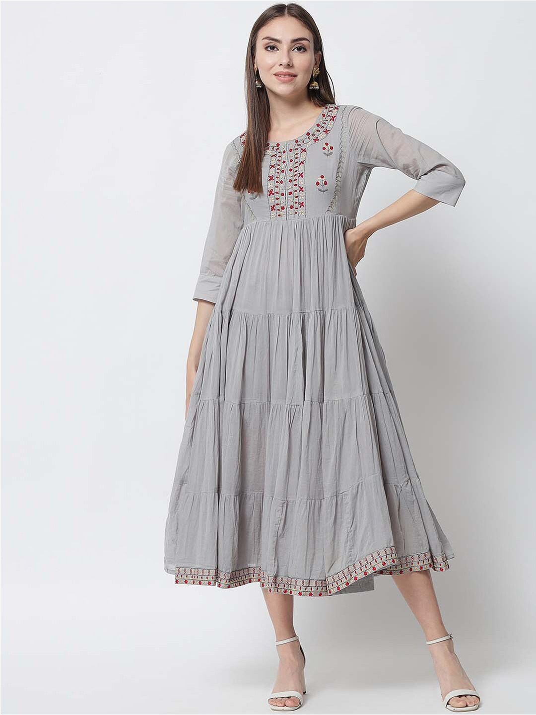 

Spera Round Neck Floral Embroidered Tiered Fit & Flare Cotton Ethnic Dress, Grey