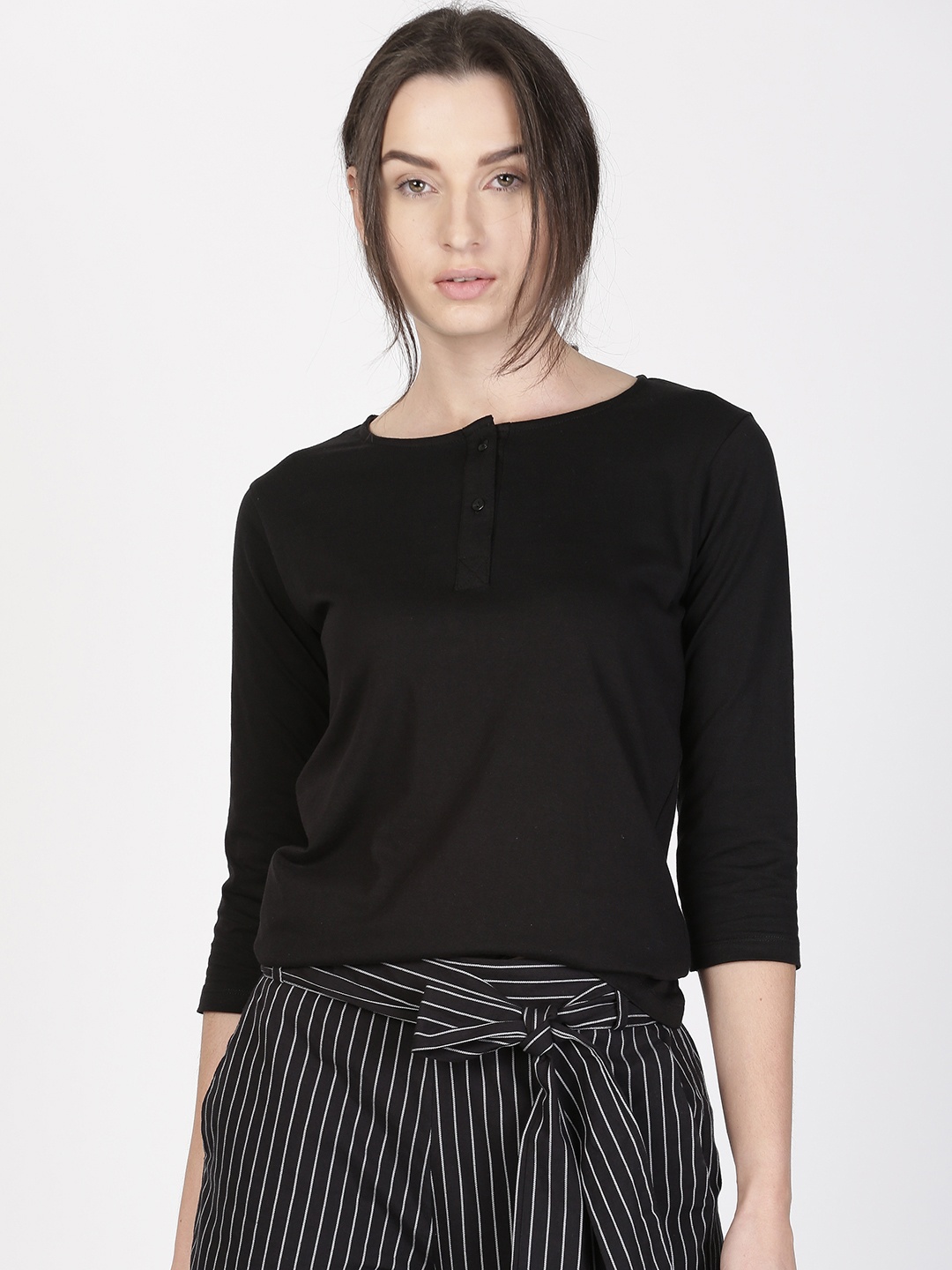 

ether Women Black Solid Henley Neck T-shirt