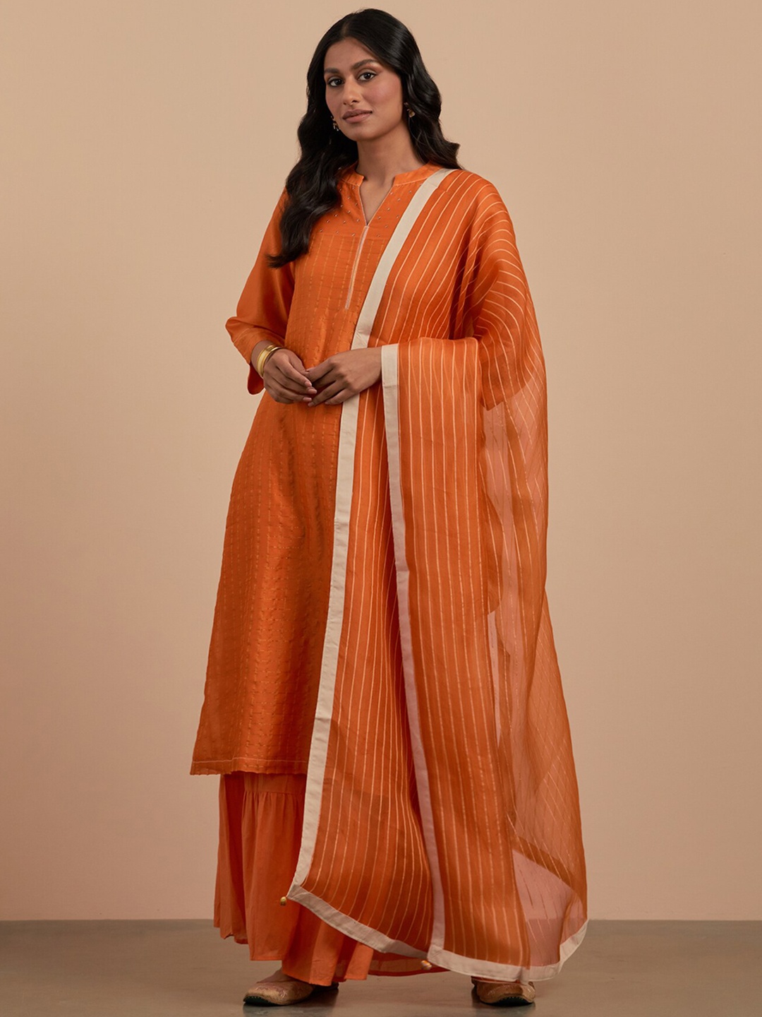 

SMRITI GUPTA Checked Sequined A-Line Chanderi Cotton Kurta, Orange