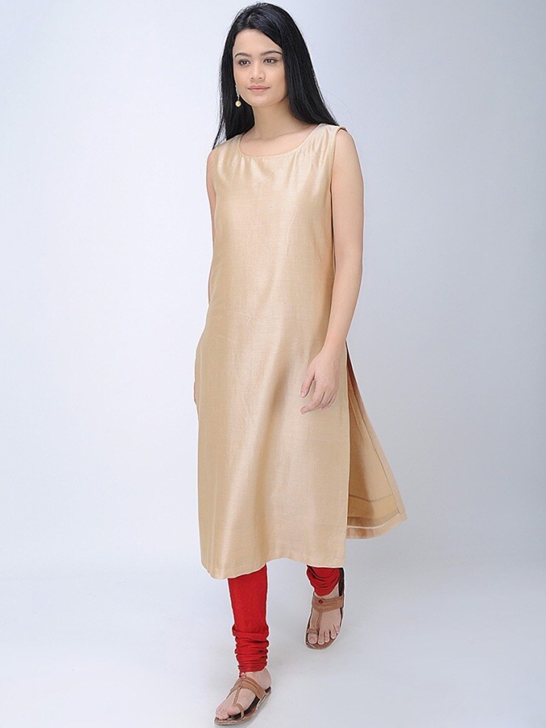 

SMRITI GUPTA Calf Length Sleeveless Straight Chanderi Cotton Kurta, Beige