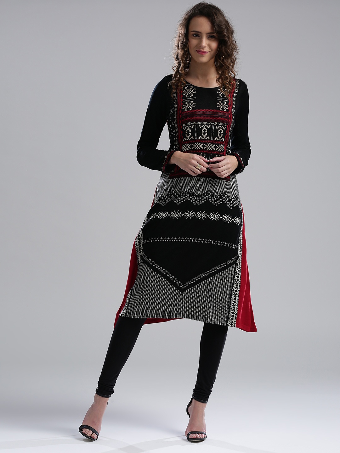 

W Women Black & Red Woven Design A-Line Kurta