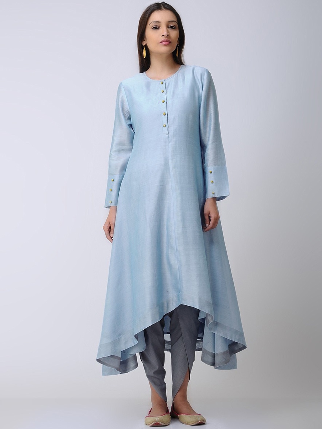 

SMRITI GUPTA Round Neck Long Sleeves Asymmetric Hem Chanderi Cotton Anarkali Kurta, Blue