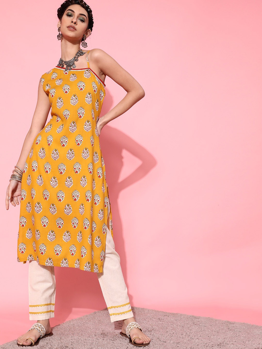 

indo street Ethnic Motif Printed Sleeveless Kurta With Trousers, Mustard