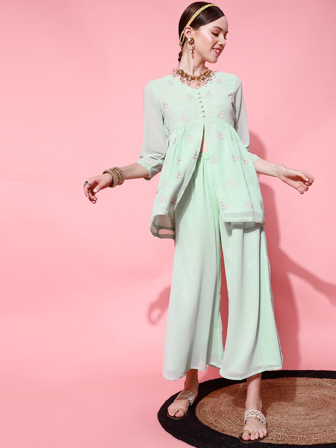 

indo street Floral Embroidered Pleated Thread Work Kurti with Palazzos, Sea green