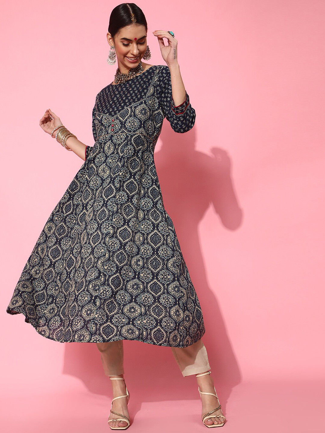 

indo street Empire Ethnic Motifs Printed Anarkali Pure Cotton Kurta with Trousers, Navy blue