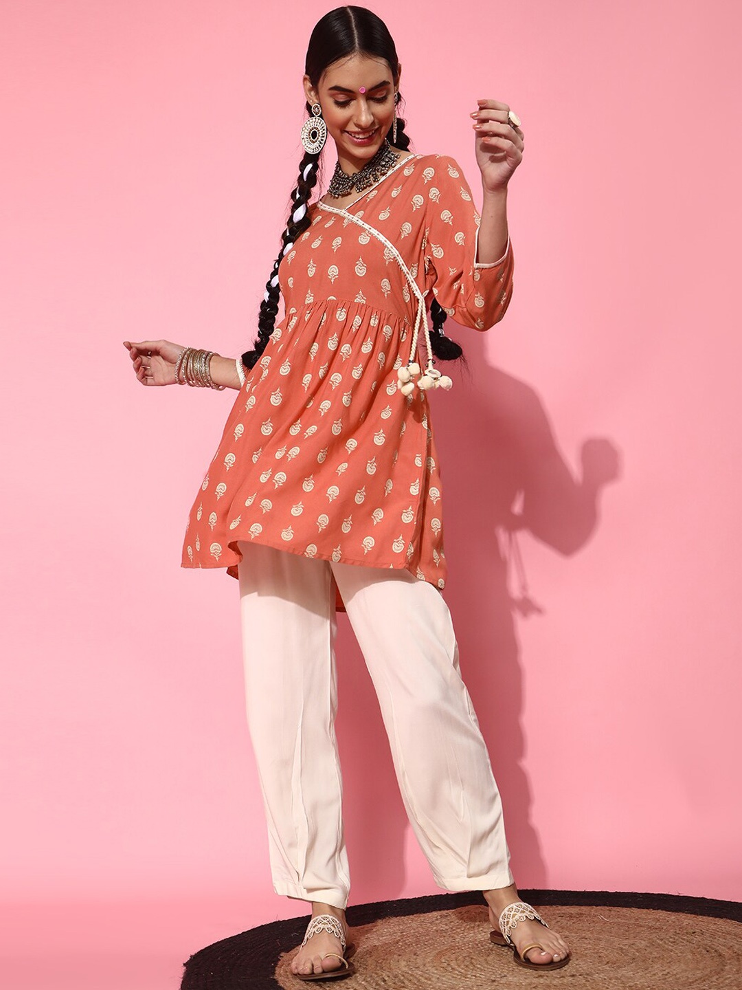 

indo street Ethnic Motifs Printed Gotta Patti Angrakha Kurta with Trousers, Peach