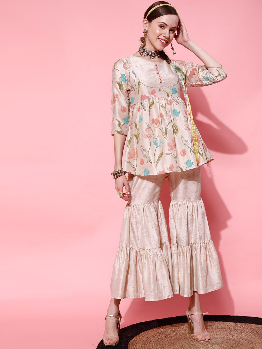 

indo street Floral Printed Empire Kurti With Sharara, Beige