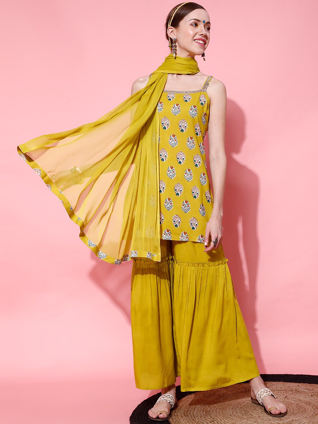 

indo street Sleeveless Ethnic Motifs Printed Gotta Patti Kurti with Sharara & Dupatta, Yellow