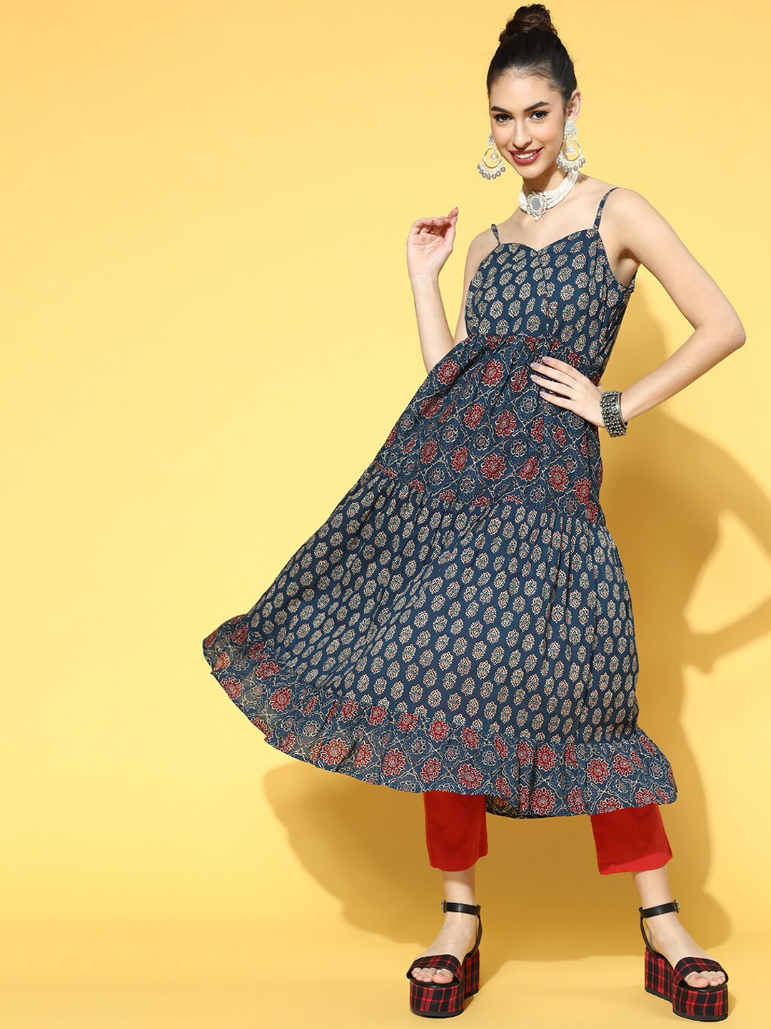 

indo street Ethnic Motifs Printed Cotton Anarkali Kurta, Navy blue