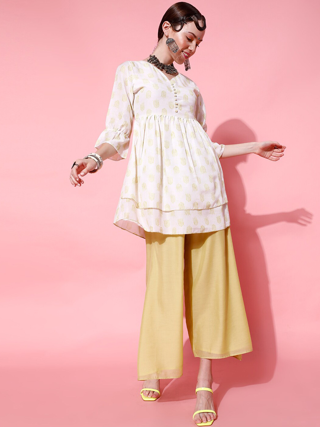 

indo street Pleated Ethnic Motifs Printed A-Line Kurta with Palazzos, White