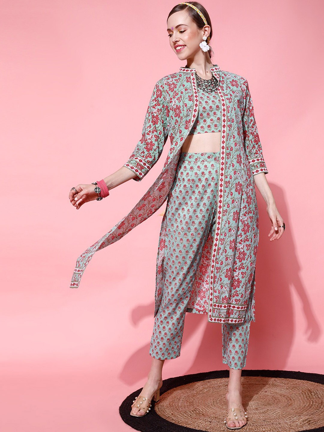 

indo street Women Floral Printed Pure Cotton Co-Ord Set, Blue