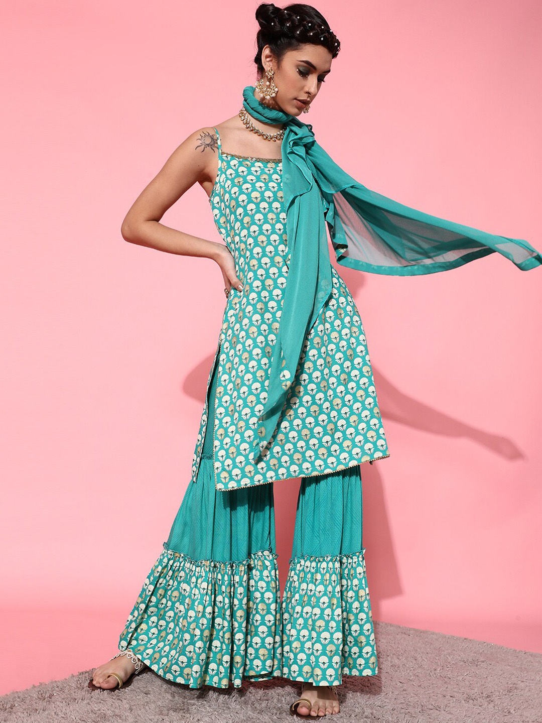 

indo street Floral Printed Shoulder Straps Kurta With Sharara & Dupatta, Turquoise blue