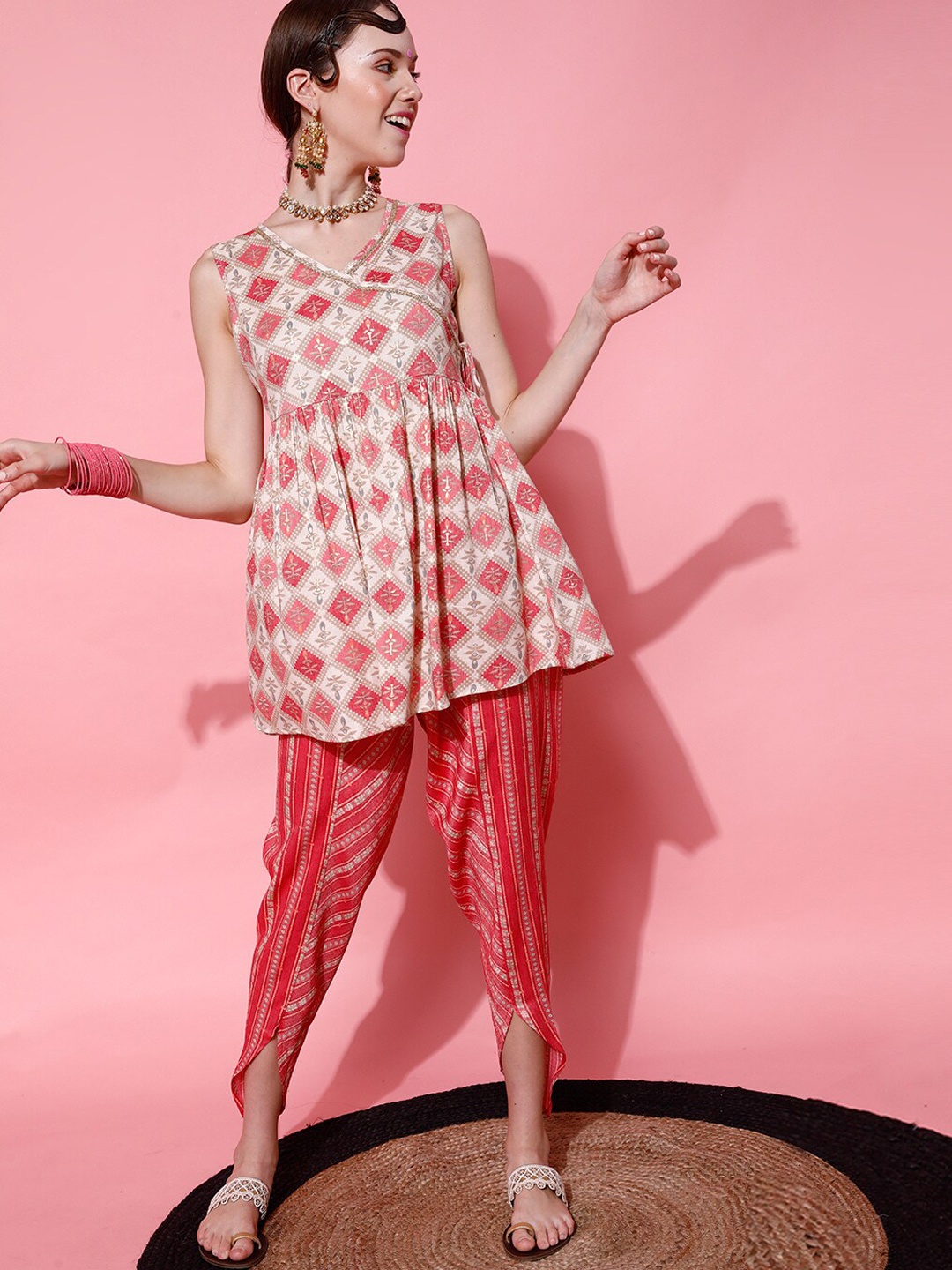 

indo street Ethnic Motifs Printed Angrakha A-Line Gotta Patti Kurti with Dhoti Pants, Pink