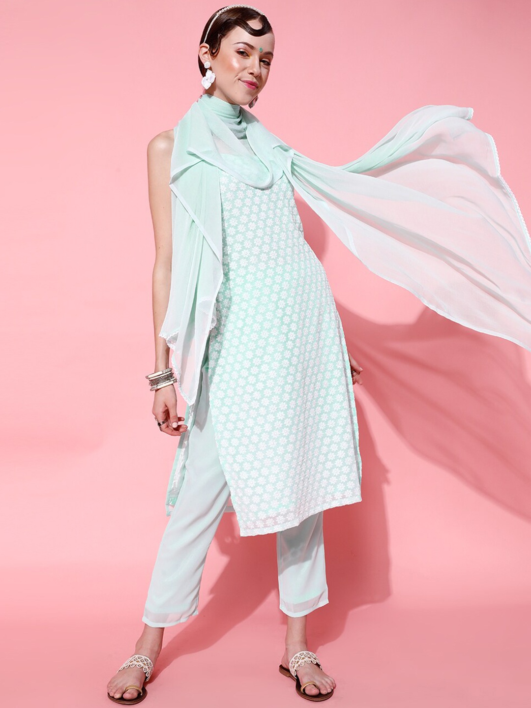 

indo street Floraol Embroidered Thread Work Kurta With Trousers & Dupatta, Sea green