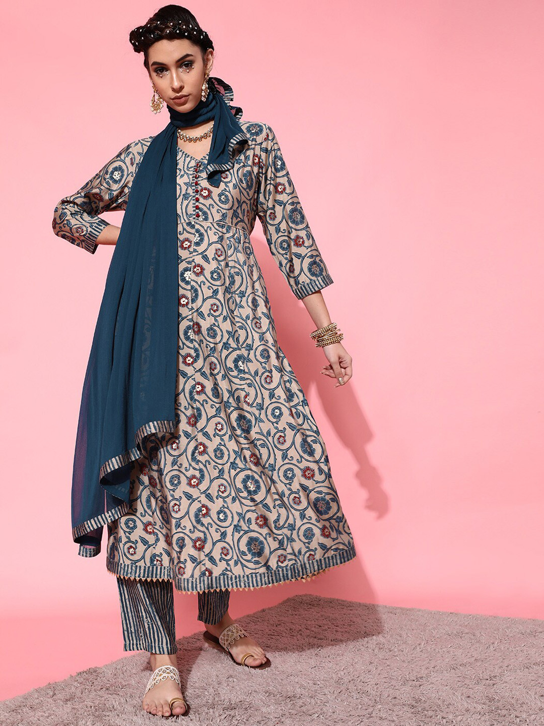 

indo street Floral Printed Pure Cotton Kurta With Trousers & Dupatta, Teal