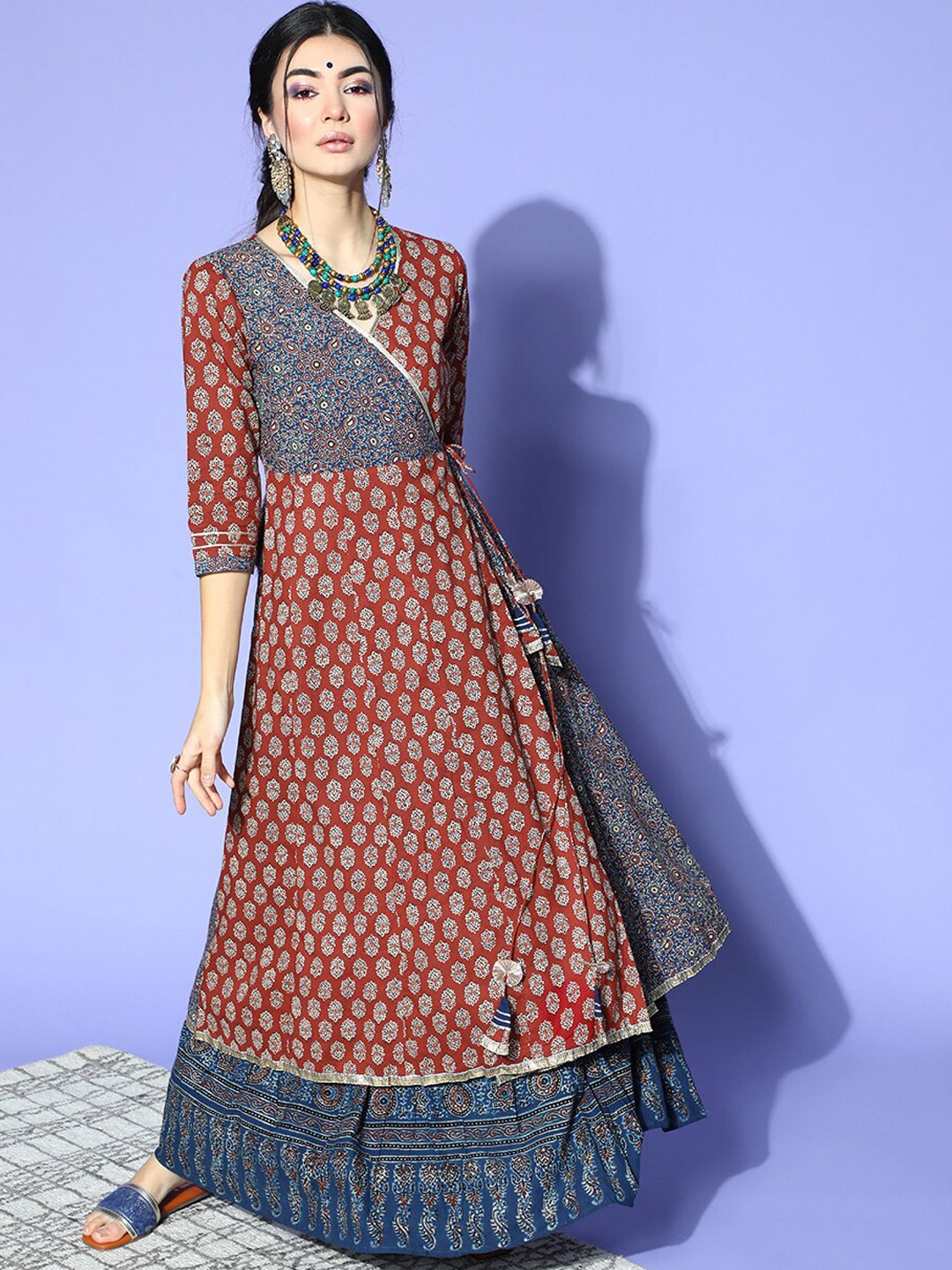 

indo street Ethnic Motifs Printed Pure Cotton Anarkali Kurta, Brown