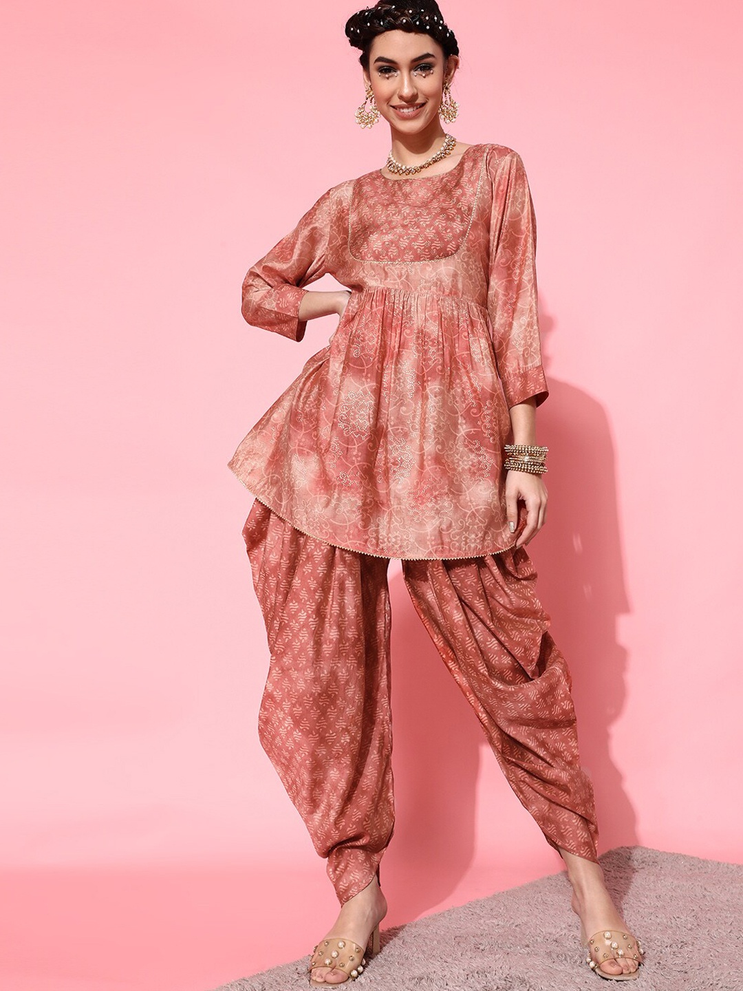 

indo street Women Pink Printed Kurti with Dhoti Pants, Brown