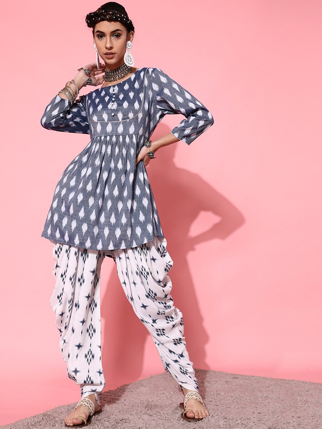 

indo street Printed Pure Cotton Ikat A-Line Kurti with Dhoti Pants, Blue