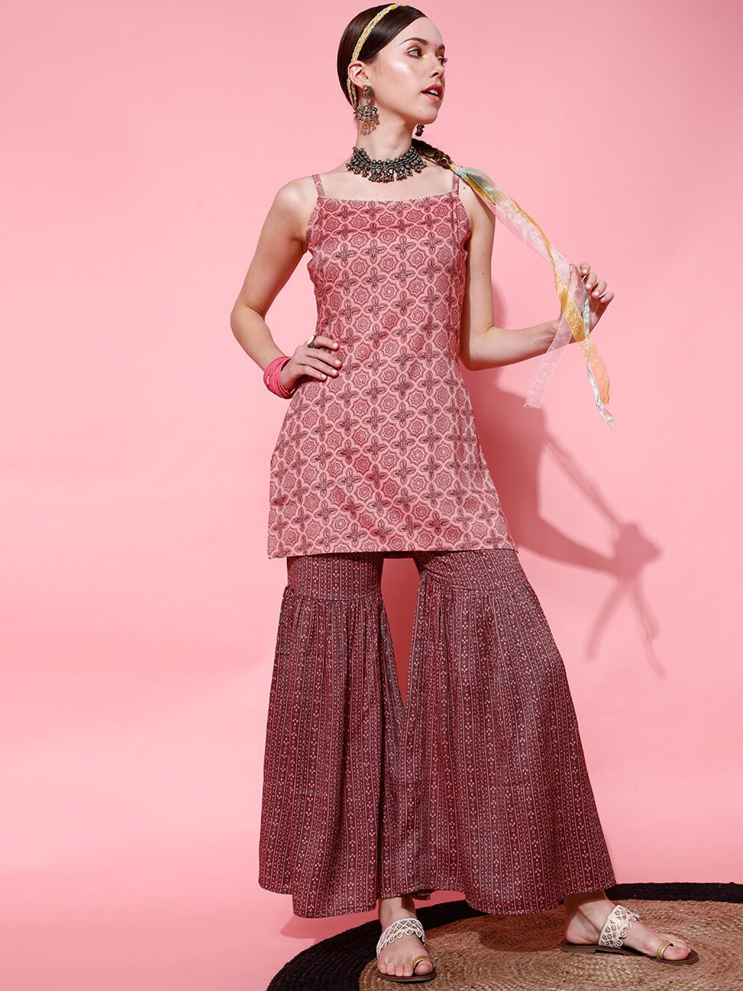 

indo street Ethnic Motifs Printed Shoulder Straps Straight Kurti with Sharara, Mauve