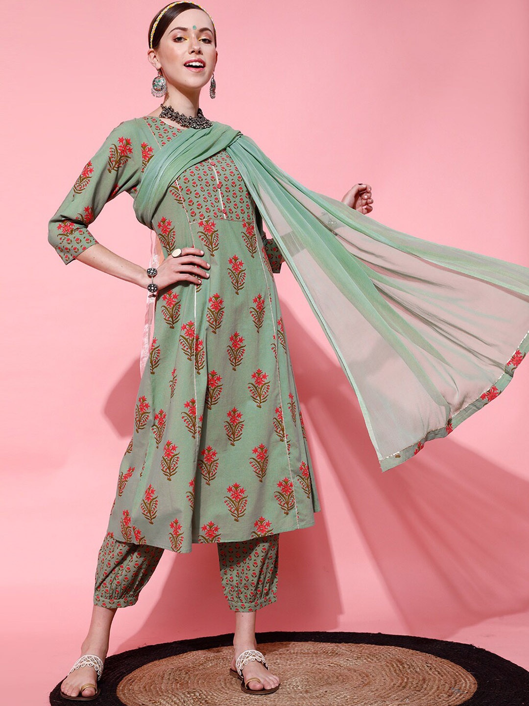 

indo street Floral Printed Pure Cotton Kurta With Salwar & Dupatta, Green