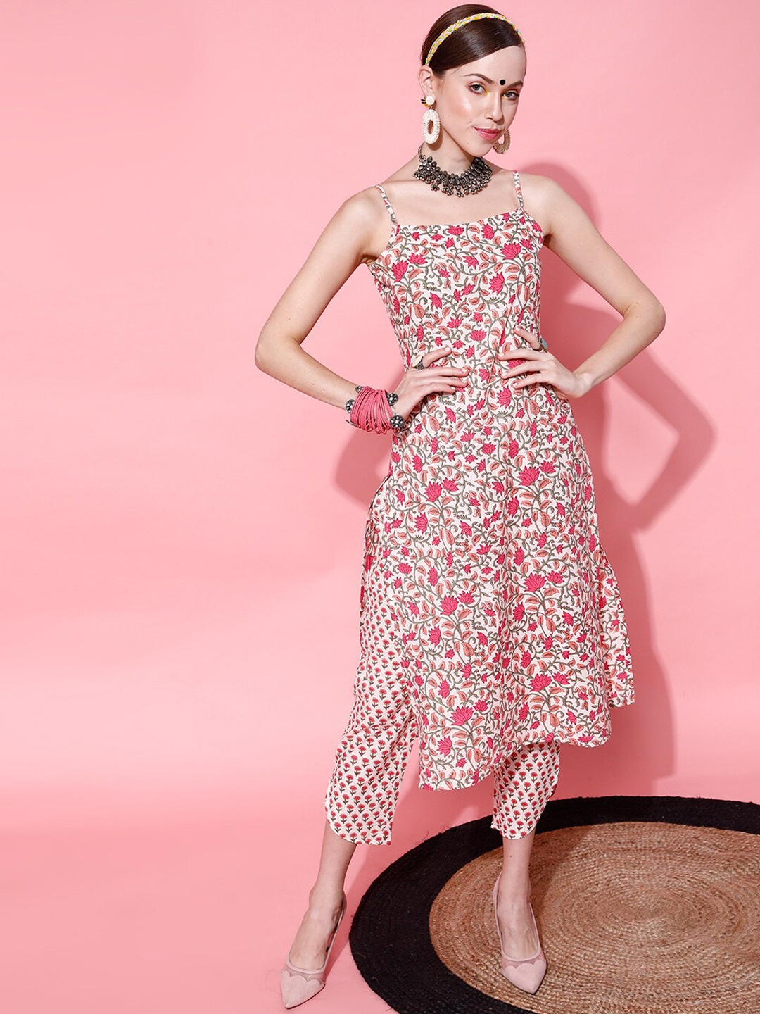 

indo street Floral Printed Pure Cotton Kurta With Trousers, Pink