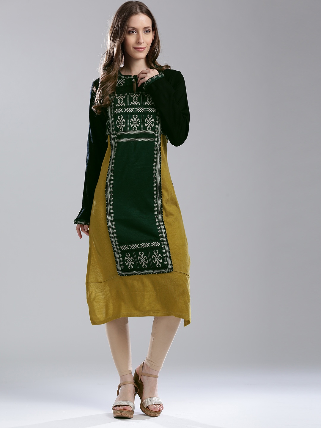 

W Women Green & Mustard Yellow Woven Design Straight Winter Kurta