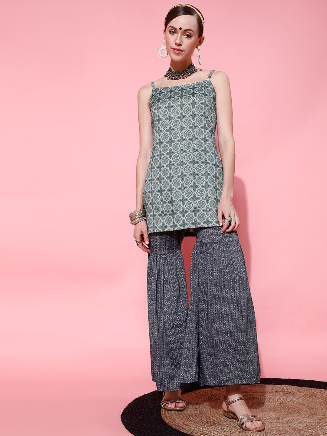 

indo street Ethnic Motifs Printed Shoulder Straps Kurti with Sharara, Grey