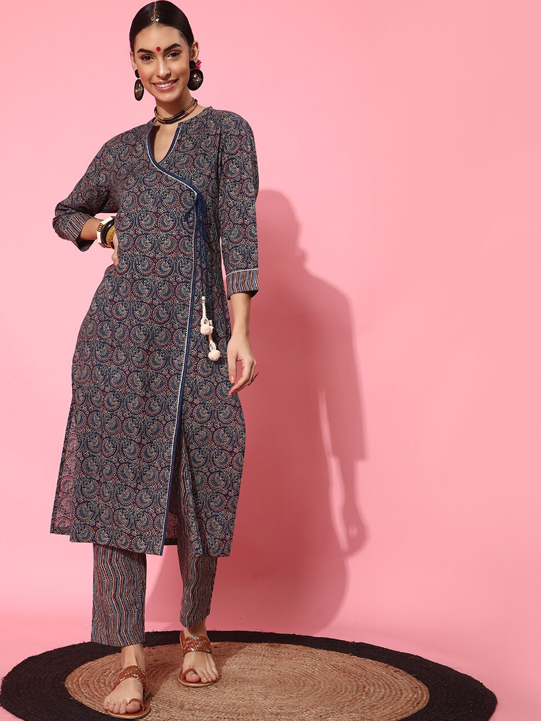 

indo street Ethnic Motifs Printed Gotta Patti Angrakha Pure Cotton Kurta with Trousers, Navy blue