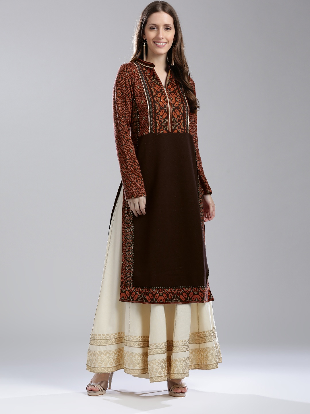W Women Aubergine & Coral Orange Patterned Straight Kurta, Purple