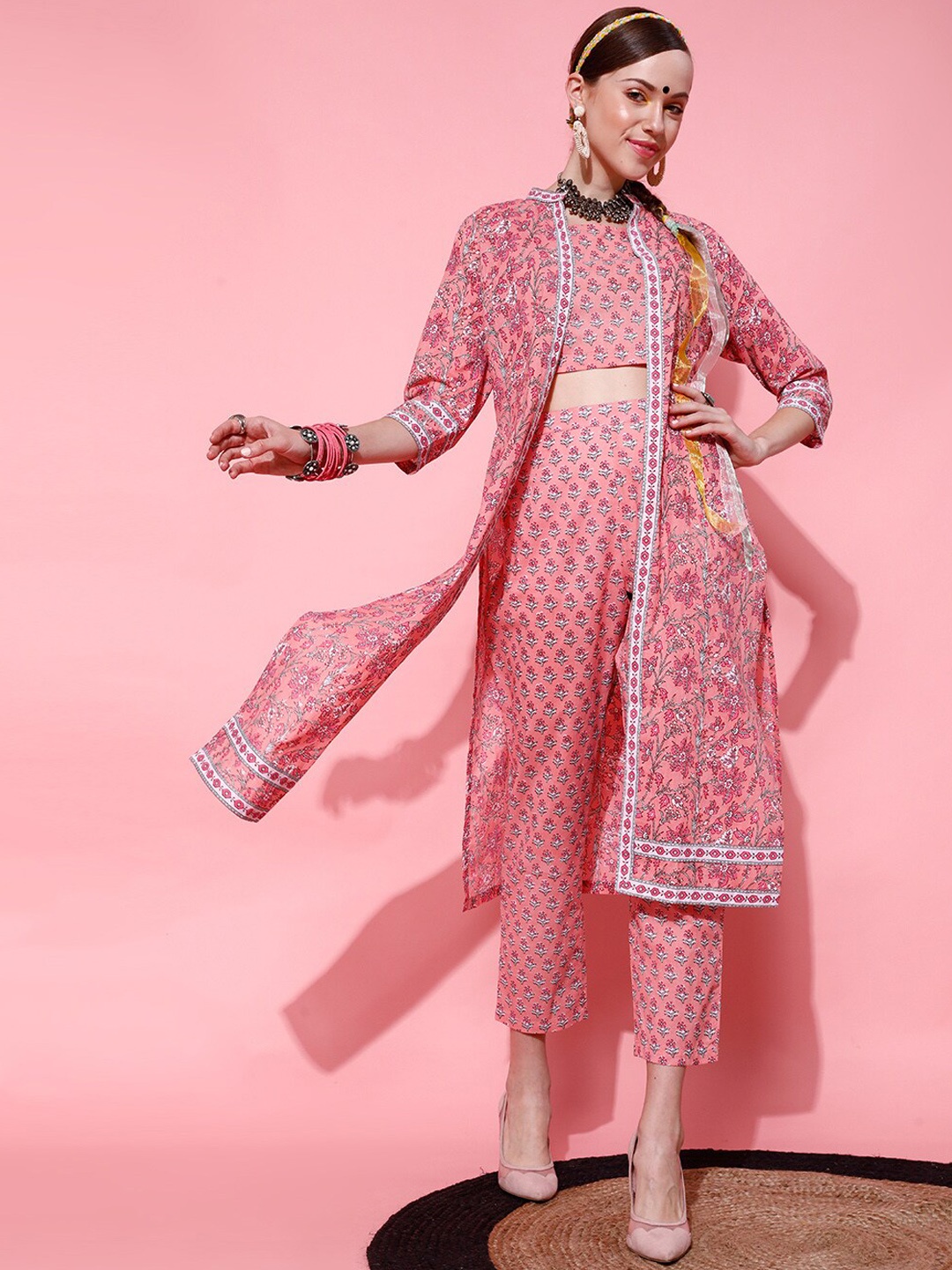 

indo street Floral Printed Pure Cotton Top & Trouser With Jacket Co-Ord Set, Peach