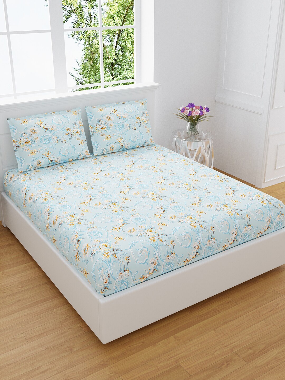 

eCraftIndia Blue & Yellow Floral 180 TC Pure Cotton King Bedsheet & 2 Pillow Covers