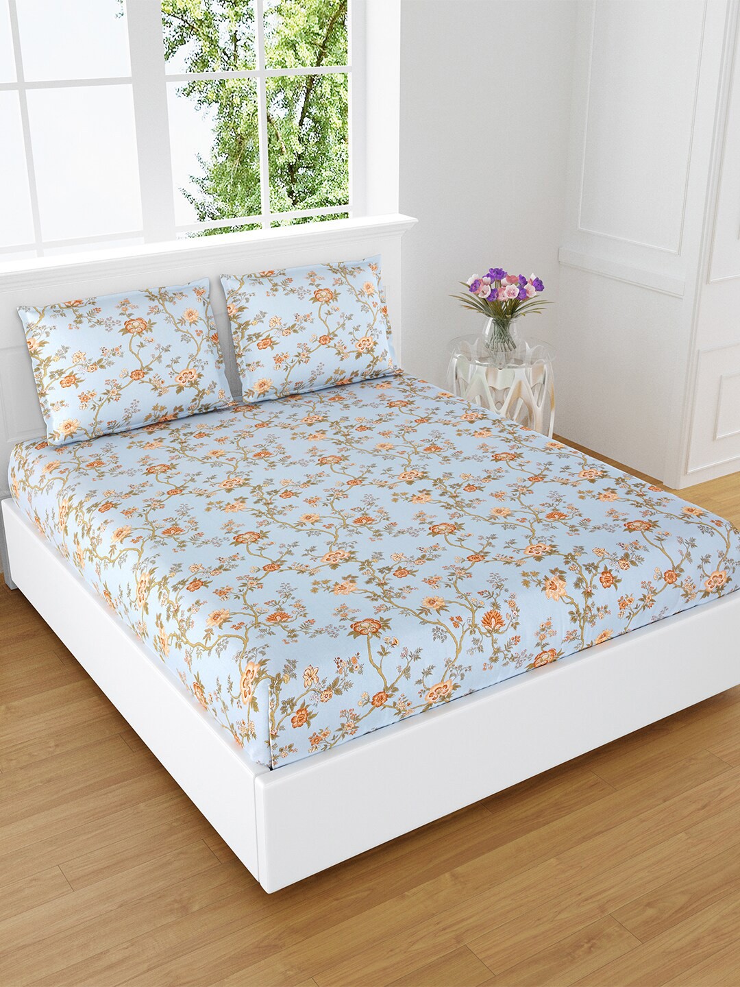 

eCraftIndia Blue & Brown Floral 180 TC Pure Cotton King Bedsheet & Pillow Covers