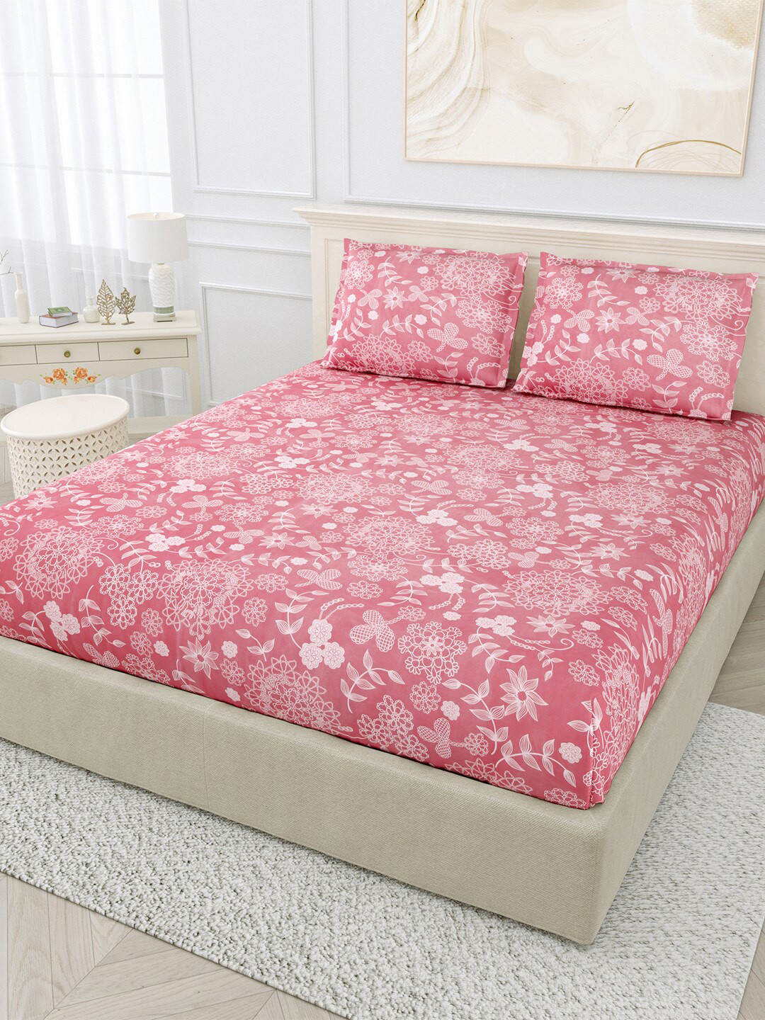 

eCraftIndia Pink & White Floral Printed 250 TC Glace Cotton King Bedsheet & Pillow Covers