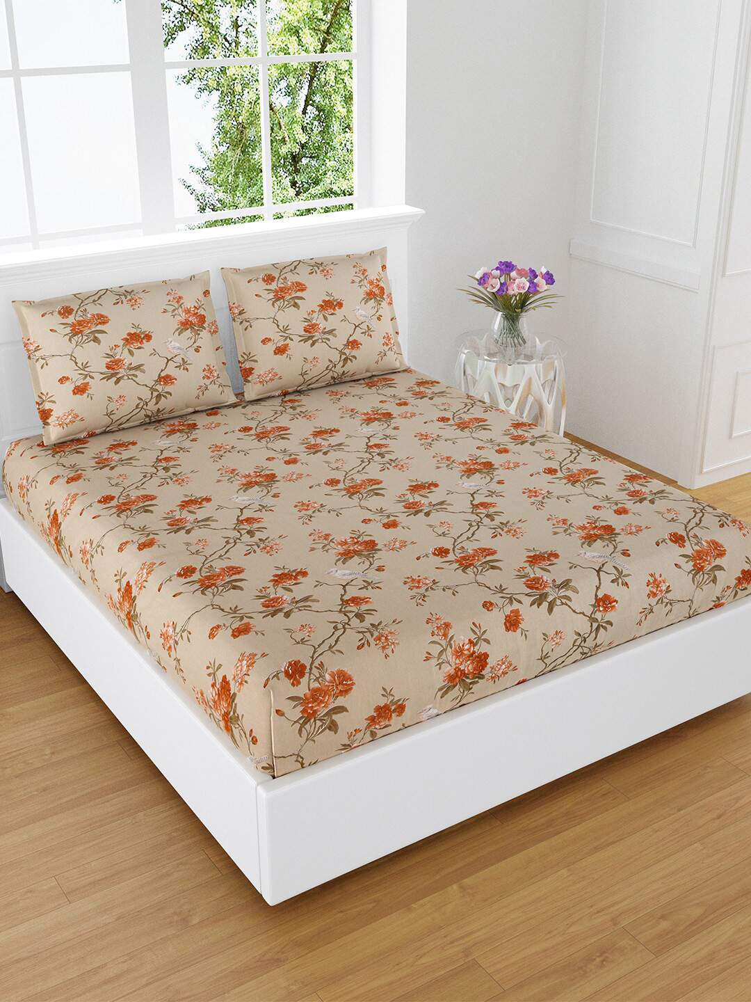 

eCraftIndia Brown & Rust Floral 180 TC Pure Cotton Double King Bedsheet & 2 Pillow Covers
