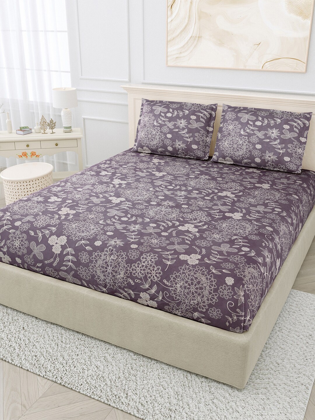 

eCraftIndia Purple & Grey 250 TC Glace Cotton Double King Bedsheet & 2 Pillow Covers