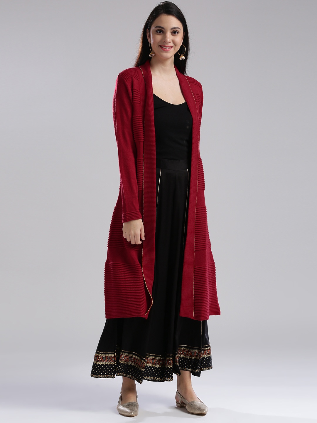 

W Women Red Self-Striped Front-Open Sweater