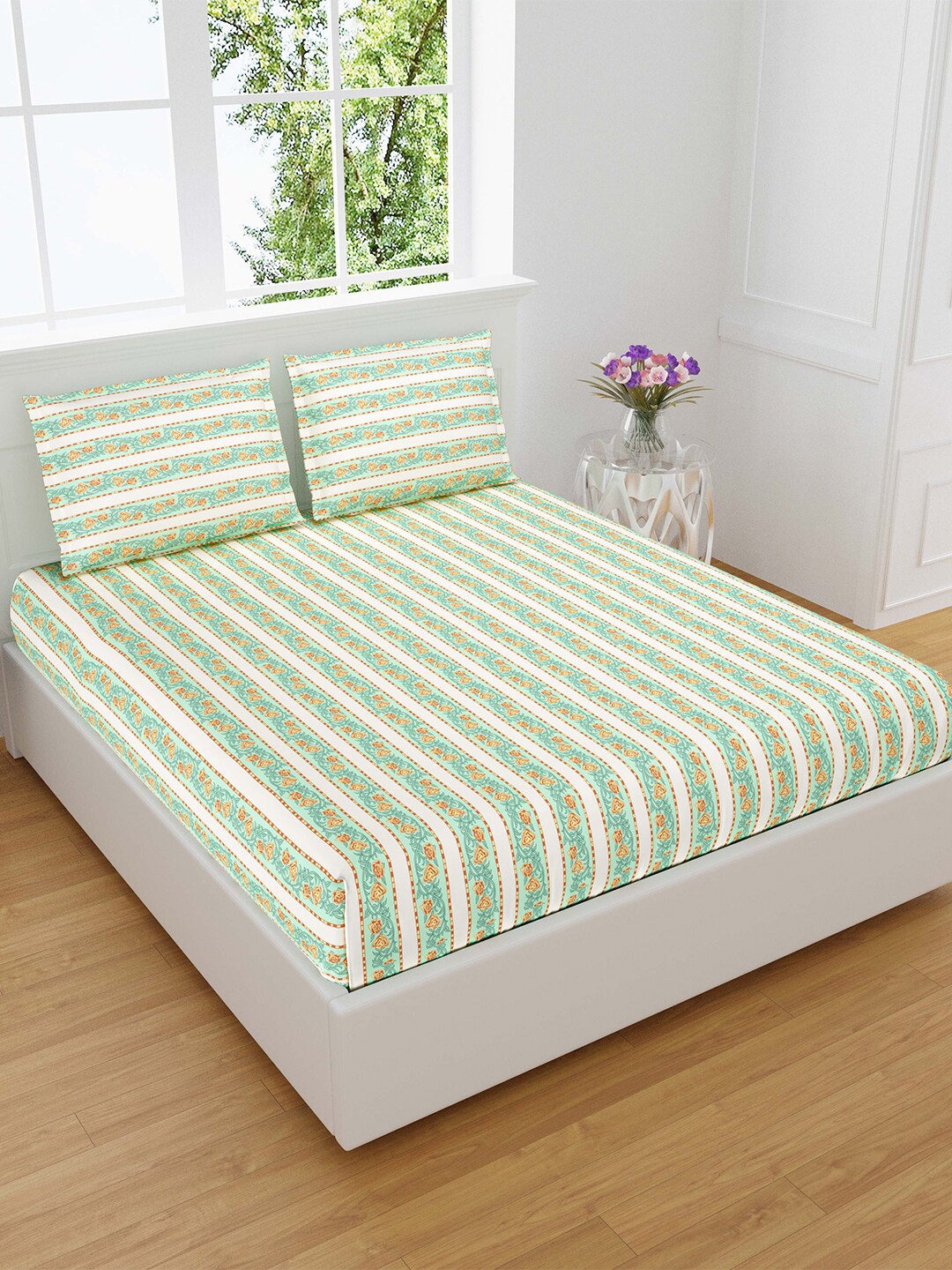 

eCraftIndia Cream & Green Floral 180 TC Pure Cotton Double King Bedsheet & 2 Pillow Covers