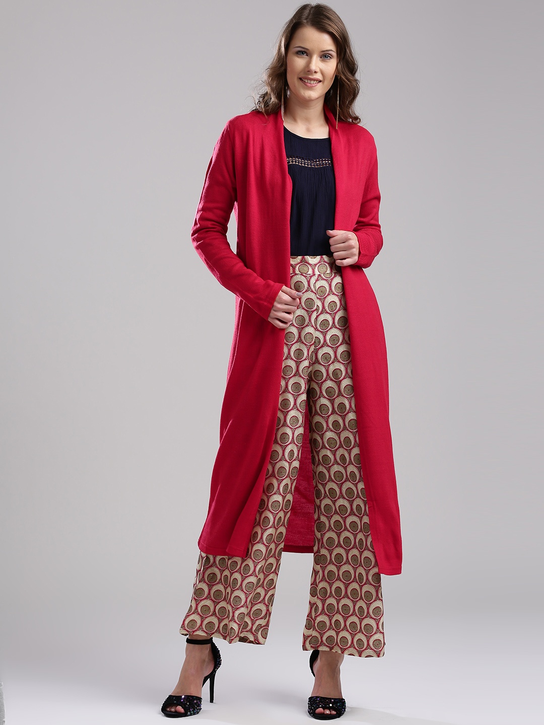 

W Women Red Solid Front-Open Longline Sweater