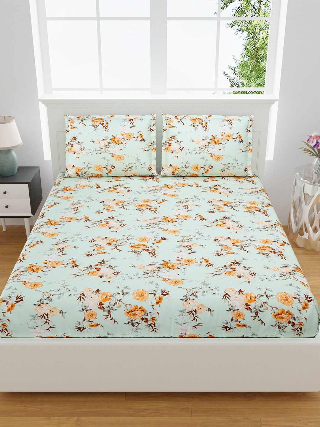 

eCraftIndia Green & Orange Floral Cotton 180 TC King Bedsheet with 2 Pillow Covers