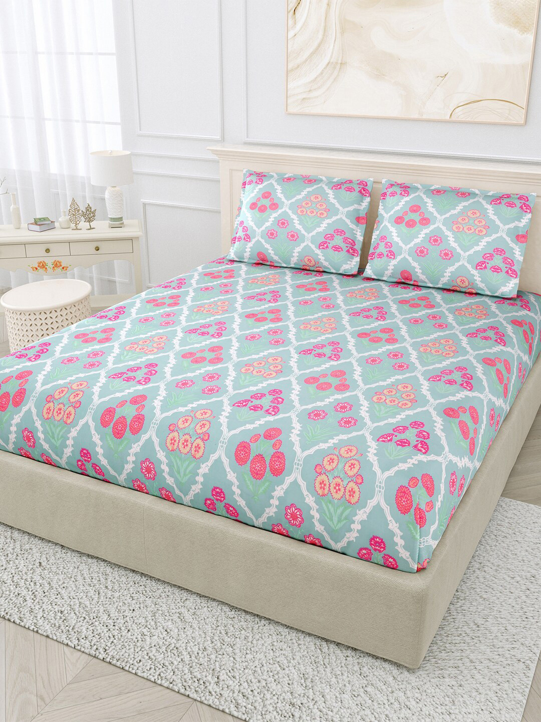 

eCraftIndia Blue & Pink Floral Cotton 250 TC King Bedsheet with 2 Pillow Covers