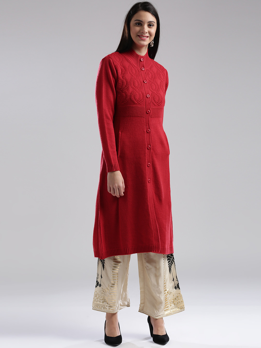 

W Women Red Solid Longline Cardigan