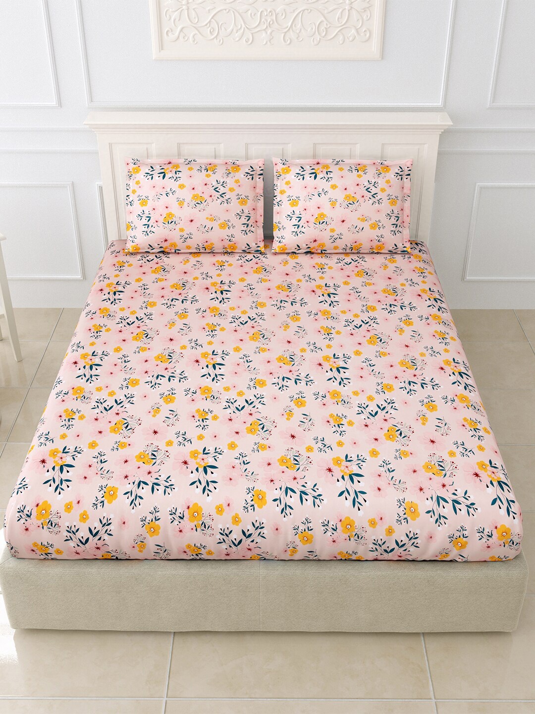 

eCraftIndia Pink & Yellow Floral Printed 250 TC Glace Cotton King Bedsheet & Pillow Covers