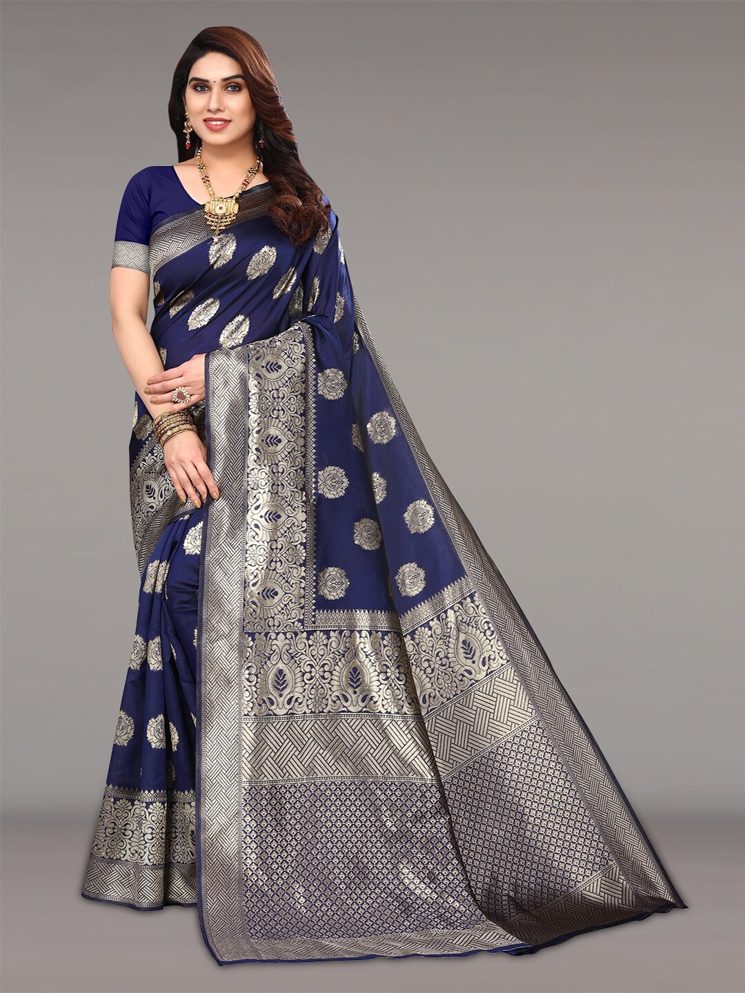 

Pisara Ethnic Motifs Woven Design Zari Silk Cotton Banarasi Saree, Navy blue