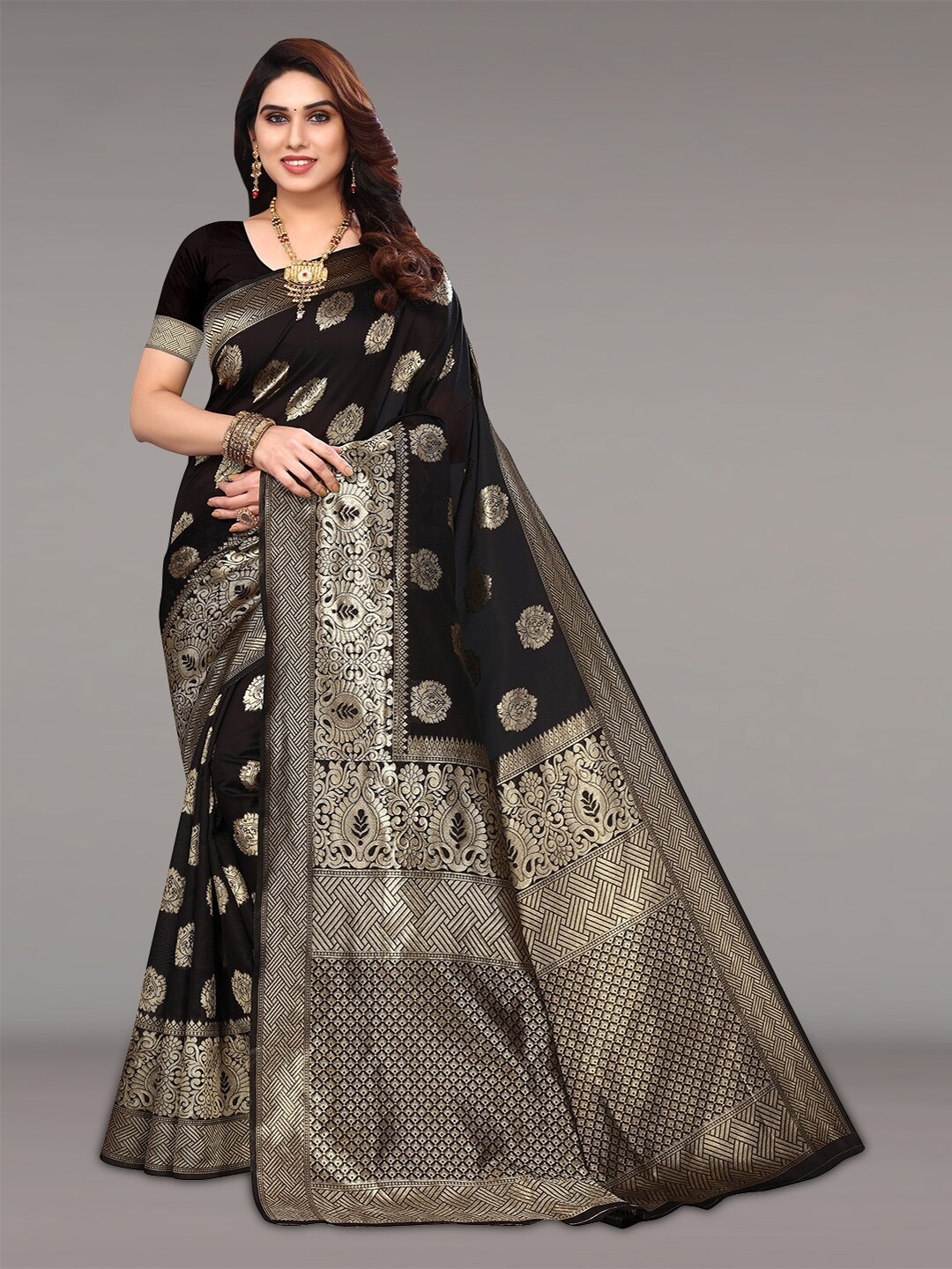 

Pisara Ethnic Motifs Woven Design Zari Silk Cotton Banarasi Saree, Black