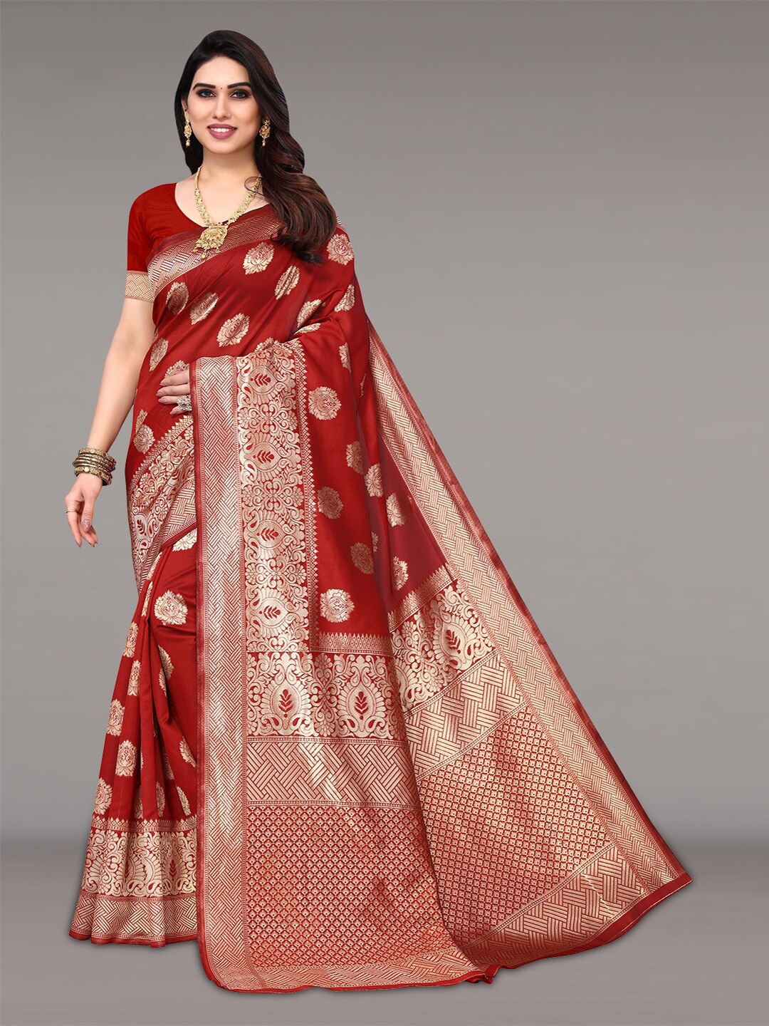 

Pisara Ethnic Motifs Woven Design Zari Silk Cotton Banarasi Saree, Red